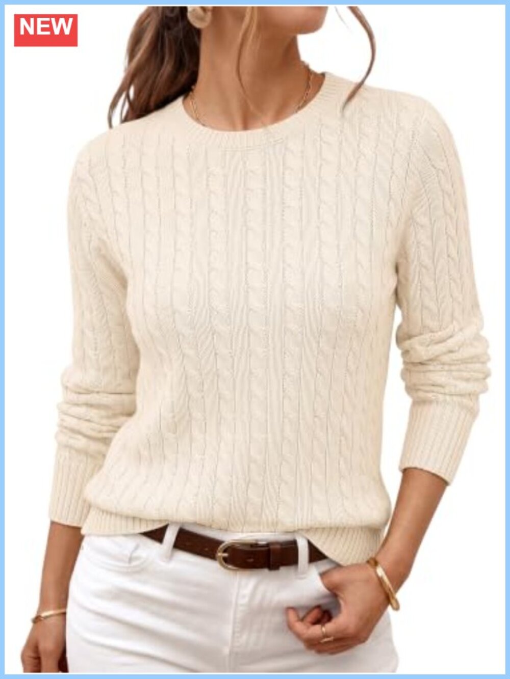 Womens Lightweight Cable Knit Crewneck Pullover Sweater Long Sleeve